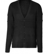 Stylish cardigan in a fine black wool blend - Fashionably patterned knit - Slim fitted silhouette, with a V-neck, button placket and long sleeves - Ribbed knit cuffs - A dream basic, classy AND casual - A hit combination with jeans, business trousers, khakis