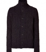 Luxurious cardigan in a brown heather wool blend - Slim silhouette, with cable and ribbed stitch details - Stand-up collar, button placket, long sleeves -  High quality, the perfect warm alternative to a blazer - A favorite piece for many occasions from work to leisure - Pair with corduroys, jeans, khakis