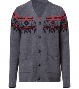 Stylish grey, red, and black wool Fair Isle cardigan - Stay warm and look cool in this classic Fair Isle-style cardigan - With a fun and whimsical pattern, this cardigan adds a pop to every outfit - Style with a pullover, jeans, and boots