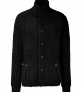 Luxurious black wool knit cardigan - Stay warm and look cool in this stylish cardigan - High neck style with retro-inspired pocket details - Style with distressed jeans and a parka for casual cool - Wear with trousers, oxfords, and a leather jacket