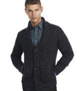 This Kenneth Cole Reaction sweater pair grampa cardigan coziness with modern coolness.