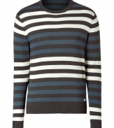 Stylish sweater in fine silk cotton and cashmere blend - Elegant brown, blue and cream striped colorway - Slim, slightly tapered cut - Long sleeves, small rounded crew neck - Sporty and casually cool, great for everyday - Pair with jeans, chinos and cords