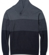 Handsome shawl sweater with fine horizontal fine stripes by Retrofit. Makes a great gift.