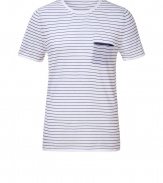 Luxe pullover in ultra-fine, white and blue striped cashmere - Lightweight and supremely soft material - Chic t-shirt style with round neck and short sleeves - Pocket detail at chest - Narrow cut ideal for layering - Pair with a blazer or sports coat and jeans or chinos