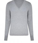 Stylish pullover in fine, light grey cotton - Soft, lightweight fabric is extremely comfortable and great for layering - Classic V-neck - Slim cut is  fitted throughout, hits below hip - A polished and versatile basic ideal for everyday - Pair with chinos, jeans or dressier trousers