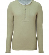 Stylish long sleeve t-shirt in fine, bi-color cashmere and cotton blend - Classically cool in olive and heather grey - Ultra-soft and lightweight - On-trend, double layer style with crew neck and button placket - Long and lean cut - A great basic ideal for layering or wearing solo - Pair with jeans and a blazer, chinos and sneakers or shorts and flip flops