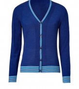 Luxe cardigan in fine, indigo wool and silk blend - Supremely soft, densely woven knit - Deep V-neck with contrast turquoise stripe trim at cuff, hem and button placket - Slim, fitted silhouette - Elegant and classically cool, ideal for both work and play - Pair with jeans, chinos or slim trousers and leather lace-ups or trainers