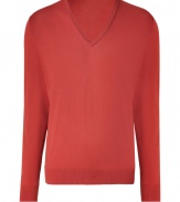 Stylish pullover in fine, pure orange-red cotton - Super-soft, densely woven fabric feels great against the skin - Elegant v-neck and rib trim at cuffs and hem - Straight, slim cut - A polished, versatile basic in any wardrobe - Dress up with a button down, trousers and leather lace-ups, or go for a more casual look with skinny denim, trainers and a blazer