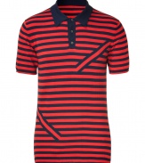 Infuse casual-cool into your off-duty look with this edgy striped polo from PS by Paul Smith - Small contrasting spread collar, front button half-placket, all-over stripe horizontal print with diagonal stripe front and back detail - Pair with slim trousers, a blazer, and oxfords