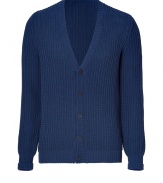 Stylish cardigan in blue, chunky-knit cotton is a favorite piece for everyday comfort and style - Classic silhouette is narrow with v-neck, button placket and long, cuffed sleeves - Easily dresses up a casual look when worn over a favorite tee and jeans or chinos