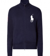 Proclaim your love for Polo Ralph Lauren with this stylish logo-laden zip cardigan - Stand collar, front zip closure, logo detail on chest, ribbed cuffs and hem, patch on shoulder - Pair with jeans or chinos, a tee, and trainers