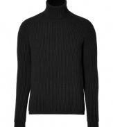 Build the foundations of your sleek knitwear collection with Jil Sanders minimalist ribbed wool-silk turtleneck pullover - Turtleneck, long sleeves, contrast trim, slim fit - Pair with tailored trousers and edgy urban footwear