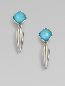 A opalescent, faceted, crystal accented turquoise stone set in sleek sterling silver with a long textured drop detail. Crystal accented turquoise doubletSterling silverDrop, about ½Post backImported 