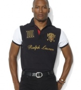 A sleek, custom-fitting polo celebrating the St. Moritz Polo World Cup on Snow has several signature touches with a scripted metallic Ralph Lauren logo and a snow polo crest.