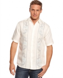 Classic guayabera style shirt by Cubavera with embroidery detail for cool casual style.