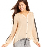 Easy and breezy, Lily White's high-low top boasts chic, colorblocked sleeves and light-as-air chiffon.