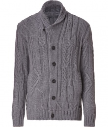 A timeless classic with limitless wearing possibilities, Woolrichs cabled shawl collar cardigan is a must for your winter knitwear wardrobe - Shawl collar, long sleeves, chunky ribbed knit trim, button-down front, side slit pockets - Modern slim fit - Wear with button-downs, tailored trousers and leather boots