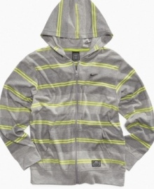 He can warm up his look with this stripe hoodie from Nike Action, perfect for the playground or backyard football.