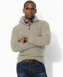 The ultimate in modern prep, a half-zip mockneck pullover sweater is double-Jacquard-knit in sueded French-rib cotton with a faux-suede zip pull.