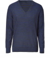 Subtle stripes cover this casual wool pullover from PS Paul Smith - V-neck, long sleeves, slim fit, all-over stripe print - Pair with straight leg jeans, chinos, or slim trousers