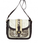 Add instant wow-factor to your look with this luxe mixed media bag from Michael Kors - Saddle bag style, front flap with buckle closure, shoulder strap, canvas with textured leather trim - Perfect for off-duty cool or paired with a cocktail-ready sheath