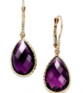 Take your look to the next level with the right amount of color. Pear-cut amethyst (10 ct. t.w.) adds the sparkle to these shining 14k gold earrings with diamond accents. Approximate drop: 1-1/4 inches.