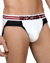 Colorful striped brief featuring elastic binding with contrasting waistband and 2(x)ist logo