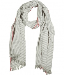 Stylish scarf in fine, pure cream cotton - Elegant, all-over navy stripe motif, red stripe detail at border - Supremely soft, lightweight fabric - Delicate fringe at hem - Generously proportioned, drapes beautifully - A colorful compliment to any number of streamlined styles - Pair with a t-shirt and blazer, a pullover and chinos or jeans and a henley