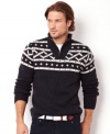 With an attracive fairisle band is this handsome and sophisticated quarter zip sweater by Nautica.