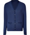 Stylish cardigan in fine, medium blue cotton and silk blend - Super-soft, densely woven fabric feels great against the skin - Elegant, deep v-neck and two small pockets at hip - Contrast trim button placket extends from chest to hem - Modern silhouette is straight and slim - A polished, versatile basic in any wardrobe - Dress up with a button down, ankle-cropped trousers and leather lace-ups, or go for a more casual look with a t-shirt, jeans and trainers