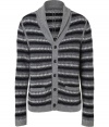 Inject an optical edge into your contemporary knitwear collection with Rag & Bones cool greyscale striped cardigan - Shawl collar, long sleeves, front slit pockets, fine ribbed grey trim, button-down front - Contemporary slim fit - Wear with tees and jeans, or over button-downs and slim cut trousers