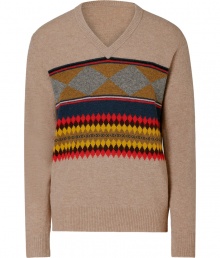 Lend a distinctive edge to your knitwear favorites with Burberry Brits colorful geometric patterned wool pullover - V-neckline, long sleeves, ribbed trim - Contemporary slim straight fit - Wear with black trousers and lace-up desert boots