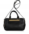 Sleek and practical with plenty of pockets, Marc by Marc Jacobs black leather convertible Sylvie bag is a smart choice for polishing day and evening outfits alike - Double top handles, removable belted shoulder strap, gold-toned hardware and logo bar, zippered front and back pockets, middle section with top snap closure, inside zippered back wall pocket - Carry everyday as chic, streamlined finish to your look