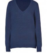 Ultra soft in a cool navy knit, LAgences V-neck pullover is an easy choice for casual-chic looks - V-neckline, long sleeves, ribbed trim - Easy relaxed fit - Layer with tissue tees and extra slim skinnies