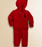 This cozy set pairs a full-zip Big Pony fleece hoodie and a comfy sweatpant to create a sporty, casual ensemble with an iconic feel. Hoodie Attached hoodLong sleevesFull-zip frontSplit kangaroo pocket Pants Elastic waistband with bow tieElastic cuffs87% cotton/13% polyesterMachine washImported