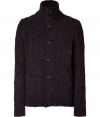 Luxurious cardigan in a brown heather wool blend - Slim silhouette, with cable and ribbed stitch details - Stand-up collar, button placket, long sleeves -  High quality, the perfect warm alternative to a blazer - A favorite piece for many occasions from work to leisure - Pair with corduroys, jeans, khakis