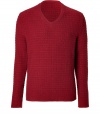 Work an exquisitely luxurious edge into your contemporary knitwear collection with Marc Jacobs deep red textural knit cashmere pullover - V-neckline, long sleeves, contrast knit trim - Modern slim, straight fit - Pair with everything from jeans and tees to chic blazers and slick lace-ups