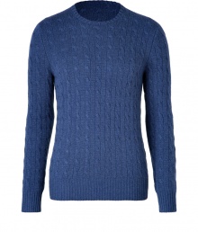 A luxury essential in a chic shade of heather blue, Ralph Laurens super soft cable knit cashmere pullover counts as a multi-season must - Round neckline, long sleeves, ribbed trim - Contemporary slim fit - Wear over shirts or tees with jeans, cords or chinos