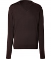 Elegant sweater in fine wool - oustanding soft and high quality - classic color darkbrown, small V-neck - slim fit and long sleeves - casual and noble basic for every day - small cuffs at the sleeves and waist - use as color accent with muted hues - combines best with all kind of pants at leisure time or the office