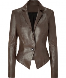 Luxe jacket in supple, brown-green stretch leather - A sleek, sophisticated standout from French luxury label Jitrois - Slim, ultra-fitted style tapers at waist - Medium-sized collar and lapels - Flattering darts at bust and elegant, single-button closure - Asymmetric hem, jacket is cut shorter in the back - Polished and sexy, a feminine take on masculine tailoring - Pair with a pencil skirt, button down blouse and pumps by day, and wear with slim trousers, a silk tank and ankle booties at night