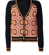 With a decidedly 1970s point-of-view, this multicolor crochet-detailed cardigan from Juicy Couture brings stylish whimsy to your office-ready staples - V-neck with contrasting stripe trim down front, front button placket, front crocheted overlay, contrasting long sleeves and back, striped cuffs and hem - Wear with a tie-neck blouse, a pencil skirt, and classic platform pumps