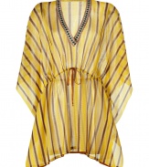 Make a glamorous poolside debut it Missonis radiant striped kaftan - V-neckline in front and back, draped 3/4 length sleeves, drawstring waistline, saffron stitched trim - Softly fitted with an adjustable drawstring waistline - Pair with a bikini, studded sandals and an oversized statement tote