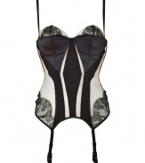 With its daring scalloped lace and flattering satin paneling, La Perlas corset makes for a fabulously fierce addition to your lingerie collection - Adjustable spaghetti straps, satin and lace paneling with tulle overlay, adjustable suspender straps - Wear with silk stockings for a seriously seductive look