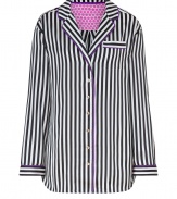 Ultra silky with bold monochrome striping, Juicy Coutures night shirt is a seriously stylish take on sleepwear - Notched collar, long sleeves, button-down front, chest pocket, purple trim, pink dotted side inserts - Relaxed fit - Wear alone, or over a cami and figure-hugging shorts