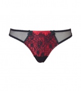 Get the sultry glamorous look of a vintage pin up girl in Von Follies by Dita Von Teeses black and luxury red 40s-inspired eyelash lace thong - Black stretch lace paneled front with slinky lightweight satin luxury red underlay, fishnet sides and back - Thong back - Wear with the matching balconette bra for a seriously seductive look