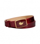 Cinch your look in style with this luxe red leather belt from Etro - Bold embossed red leather with gold-tone and red logo belt - Style with flared jeans, a boho-inspired top, and ankle boots