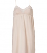 Stylish camisole slip dress in nude silk and silk chiffon - Elegant gathering under the bust (empire effect) - Very slim spaghetti straps - The slip dress falls loose, yet fits snug - Stylish, yet sexy too, also wonderfully comfortable, thanks to the stretch content - Pair with the matching briefs