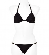 Stylish bikini in fine, synthetic fiber blend - Elegant gold tone hardware compliments classic black - Especially comfortable and flattering, thanks to a generous touch of stretch - Triangular halter top with adjustable cups ties at back and nape of neck - String brief sits at hips, offers modest coverage at rear - Sexy and sophisticated, a must for you next vacation or beach getaway - Wear solo or layer beneath a caftan and wedge sandals