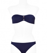 Look supremely sexy in this luxe bandeau bikini from Juicy Couture - Classic bandeau top with gold-tone hardware, classic slip-on bikini bottoms with back ruching and gold-tone logo hardware - Pair with a sheer caftan, wedge sandals, a floppy sunhat