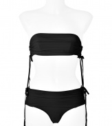 Take your swim look to the next level with this ultra-sexy bandeau bikini from La Perla by Jean Paul Gaultier - Ruched bandeau top with side cut outs and ties, back dual strap closure with clasp - Ruched bottoms with side cut out and ties - Style with a sheer caftan, wedge sandals, and a sunhat